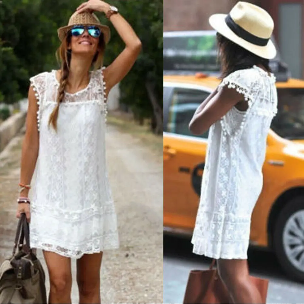 

Fashion Women Sleeveless White Dresses Casual Party Mini Dress Lace Solid Sexy Hollow Out Beach Dress vestidos 2019