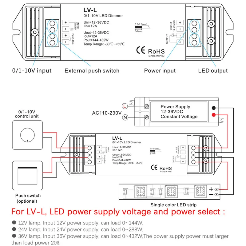 CLAITE LV-L DC12-36V To 0/1-10V PWM Constant Current LED Dimmer Controller for Single Color Strip Light | Освещение