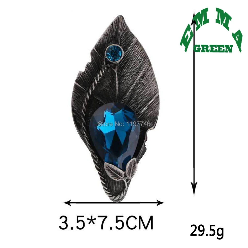 Romantic Retro Metal Leaf Shape Blue Crystal Brooch Pin Vintage Natural Jewelry Corsage Accessories For Women Fit Wedding Party | Украшения