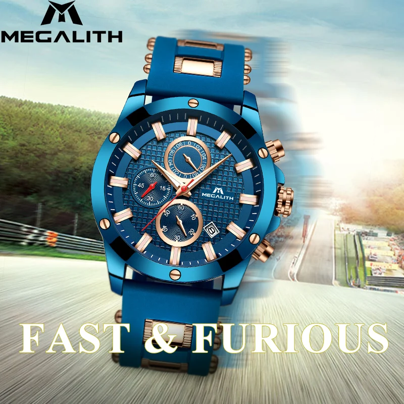 MEGALITH спортивные часы с хронографом мужские Водонепроницаемые Синие наручные