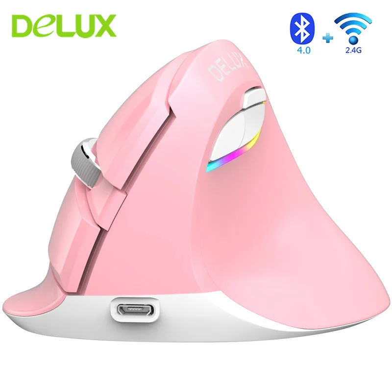 Delux-ratón óptico inalámbrico M618 para ordenador portátil, periférico con Bluetooth 4,0, 2,4G, Vertical, recargable, ergonómico, USB, color rosa