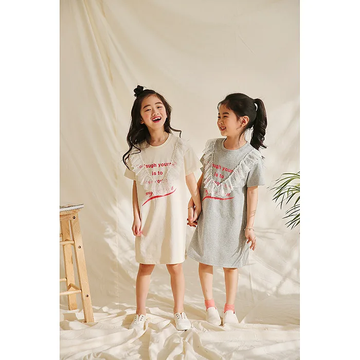 

Kids Summer Letter Print Dresses for 4-16 Yrs Teens Girls Cotton T Shirt Dress Casual Lace Ruffle Pullover Vestido Child Clothes