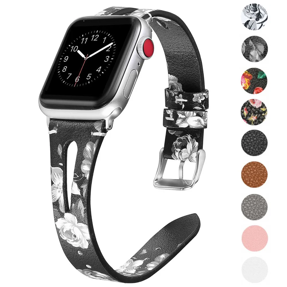 Ремешок кожаный для Apple Watch 42 мм 40 44 сменный Браслет с цветочным принтом iwatch Series 6 5 4