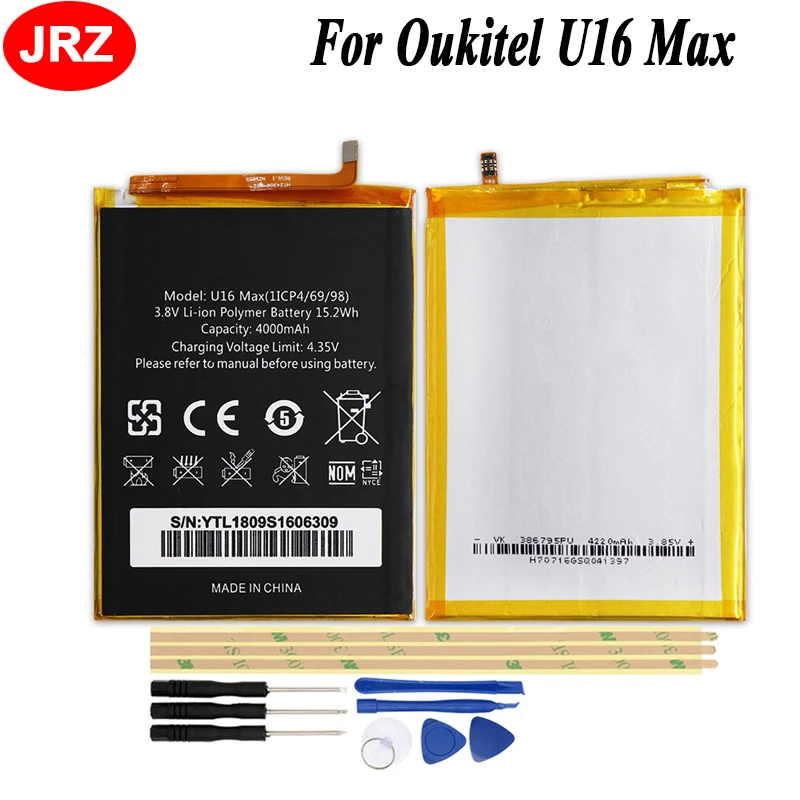 

JRZ For Oukitel U16 Max Phone Battery 4000mAh For Oukitel U16 Max Hight Capacity 3.8V Top Quality Replacement Batteries +Tools