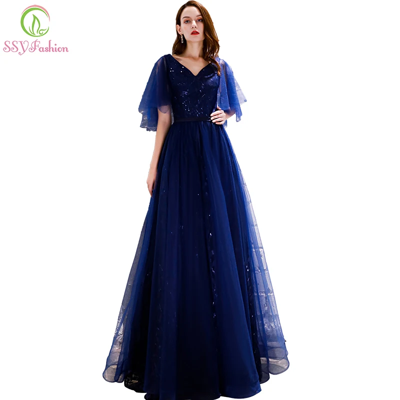 SSYFashion/Новое темно-синее вечернее платье De Soiree простое с v-образным вырезом в пол