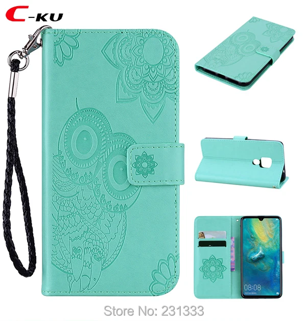 Кожаный чехол-кошелек с ремешком C-ku Сова для Huawei Y9 2019 Mate 20 Lite Samsung Galaxy A7 2018 A9 Модный