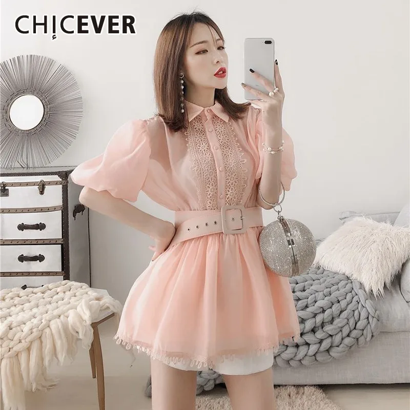 CHICEVER летняя милая шифоновая Лоскутная вышивка женская рубашка с отворотом рукав