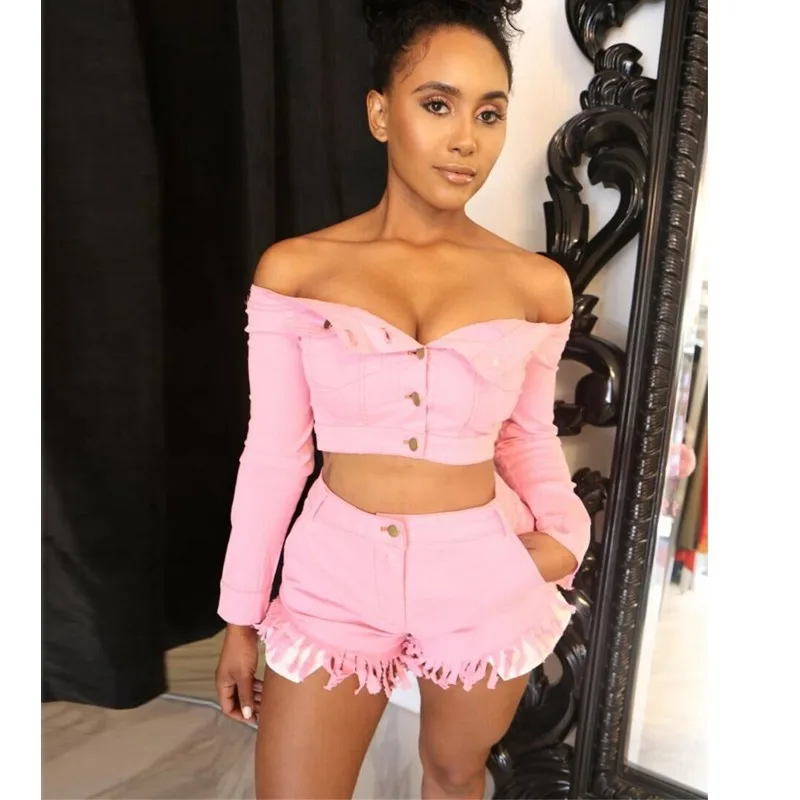 Розовый Джинсовый комплект из 2 предметов сексуальный двух женский спортивный