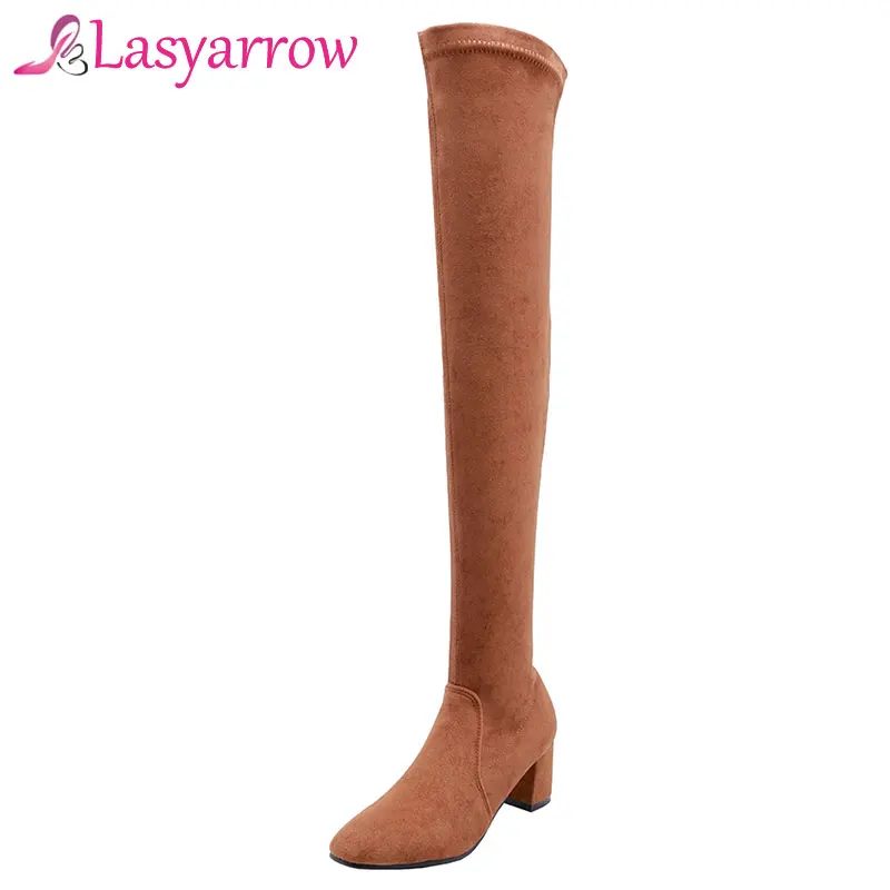 Lasyarrow/модные сапоги выше колена эластичные на высоком квадратном каблуке женские