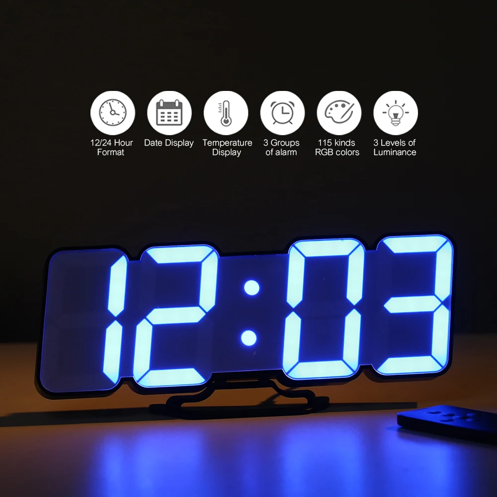 3D Wireless Remote Digital Alarm Clock USB Powered Temperature/Date Display RGB LED 3-Level Brightness Sound Control Wall | Дом и сад