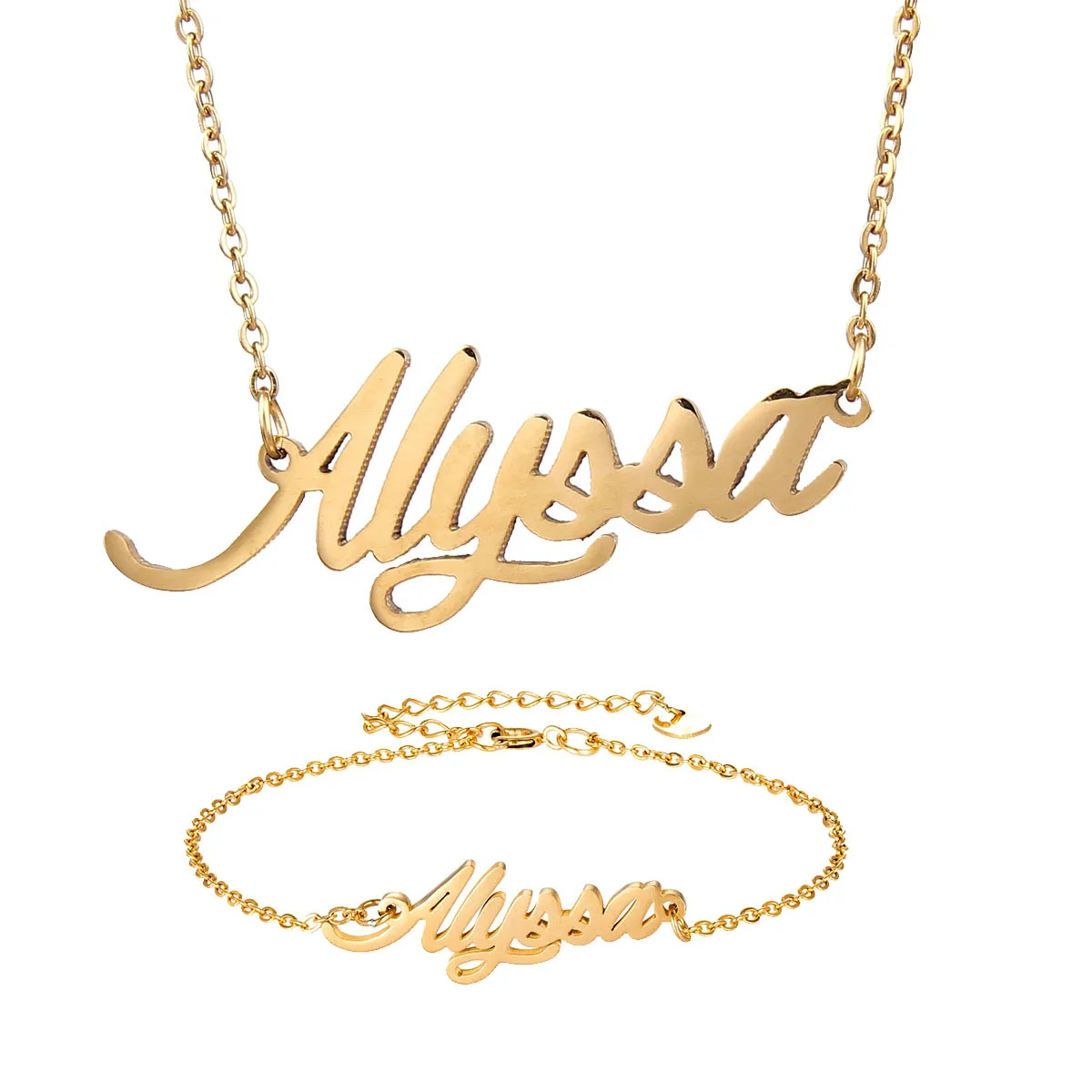

Fashion Stainless Steel Name Necklace + Bracelet Set " Alyssa " Script Letter Gold Choker Chain Necklace Pendant Nameplate Gift