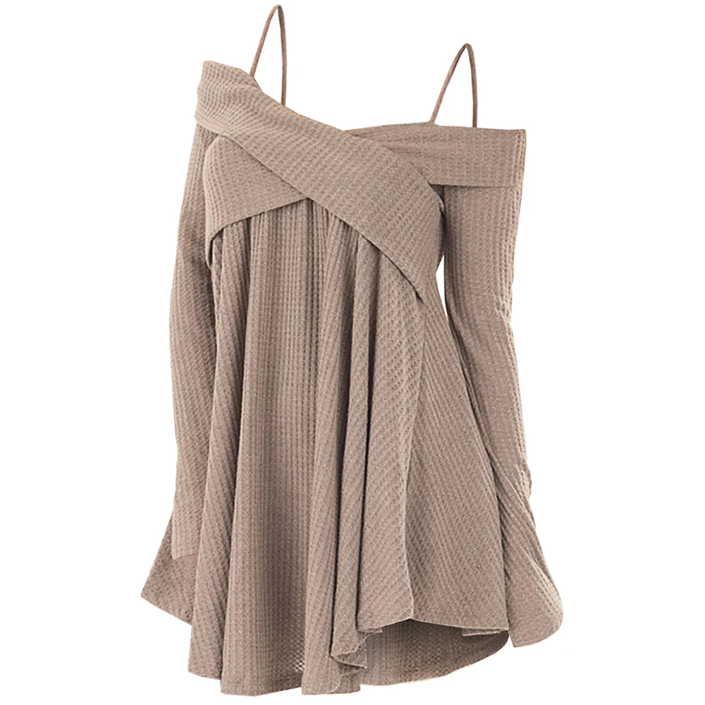 ZAFUL Cold Shoulder Crisscross Tunic Sweater Casual Solid Spaghetti Strap Long Sleeve Pullover Jumpers Ladies Tops Pull Femme | Женская