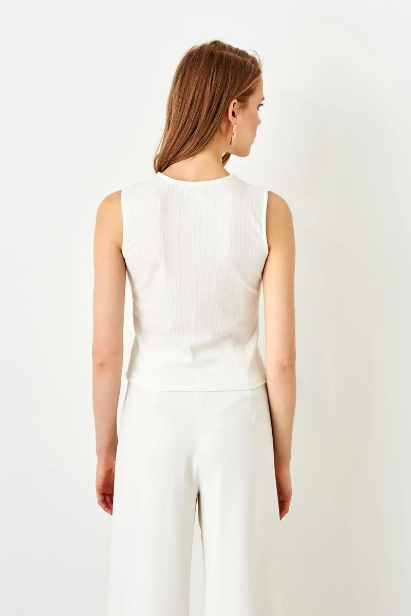Trendyol экрю Кнопка ребристый трикотажный блузка TWOSS19FV0099|Блузки| |