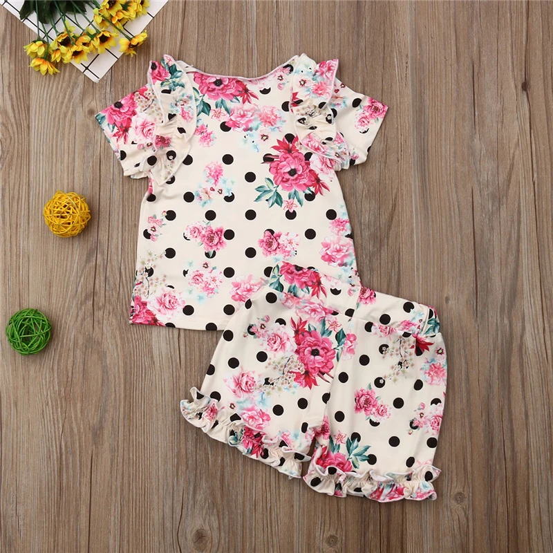 

2019 Summer 2pcs Newborn Toddler Girl Floral Ruffle Short Sleeve T-shirt Tops+Shorts Pants Outfits
