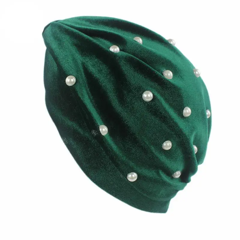

Women Muslim Cap Stretch Turban Velvet Hat Hair Loss Head Wrap Cap Chemo Hat Caps Arab Bonnet Beads Beanies Skullies Fashion New