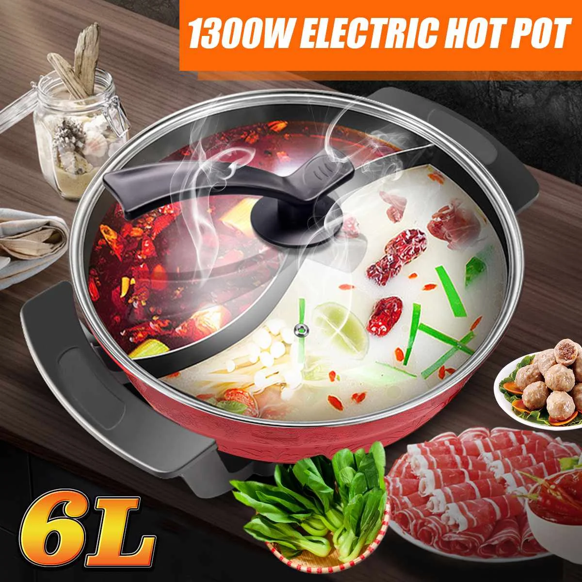 220V 1300W 6L электрический горячий горшок 32 см Кухня суп горячий горшок нержавеющая сталь с антипригарным покрытием для индукционных плит Пособия по кулинарии горшок