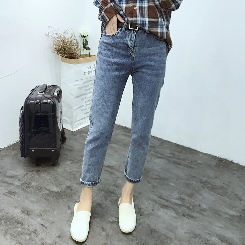 2019 джинсы-бойфренды женские свободные прямые джинсы с эффектом потертости синие