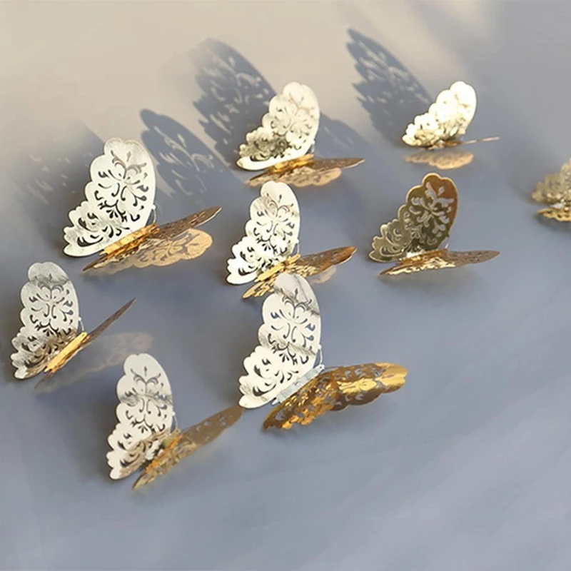 12 шт полые бабочки наклейки на стену элегантная металлическая текстура