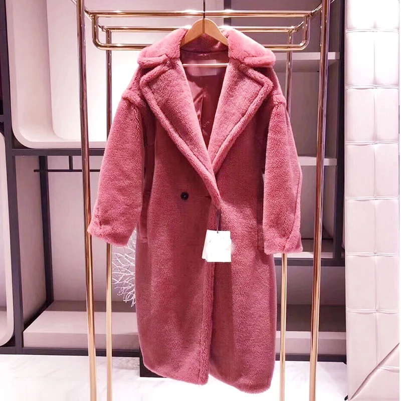 2018 Winter Sweet Pink shaggy women faux fur coat streetwear Runway Designer warm plush teddy Female overcoat party Clothes |