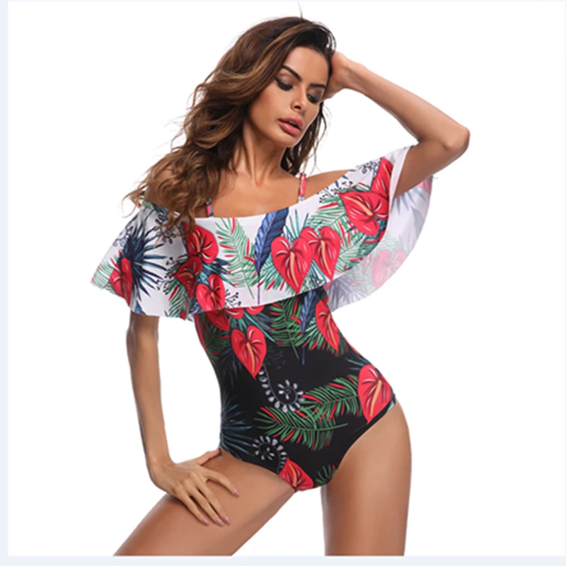Женский цельный купальник монокини с цветочным принтом и оборками|Комбинезоны| |