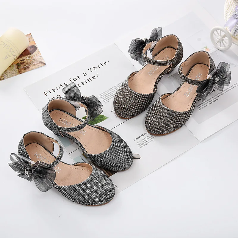 

Summer high heel sandals dress children's party shoes flash princess sandals big kids wedding fashion bow sequins