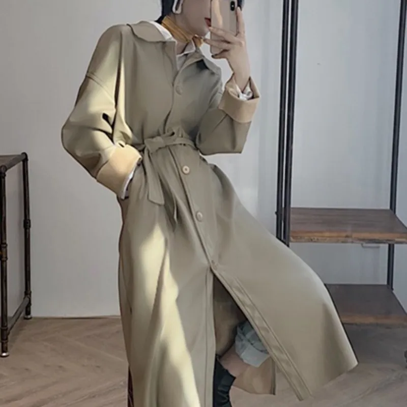 TWOTWINSTYLE корейский черный Тренч женский с длинным рукавом кружево сбоку