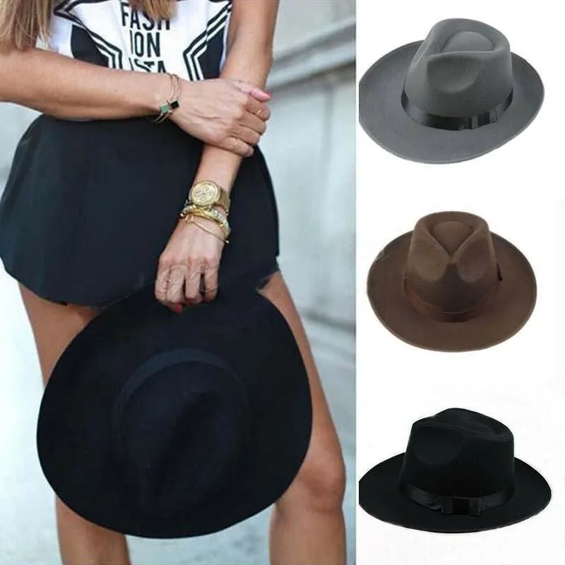 

Women Men Jazz Hard Felt Bowknot Fedora Wide Brim Hat Cap Vintage Fedoras