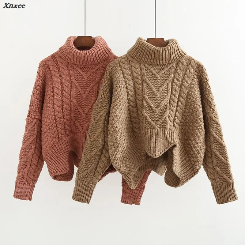 Thickened Sweater Women's Autumn Winter Korean Style Loose Twist Knitted Short Design Pullover Turtleneck Black Brown Female | Женская