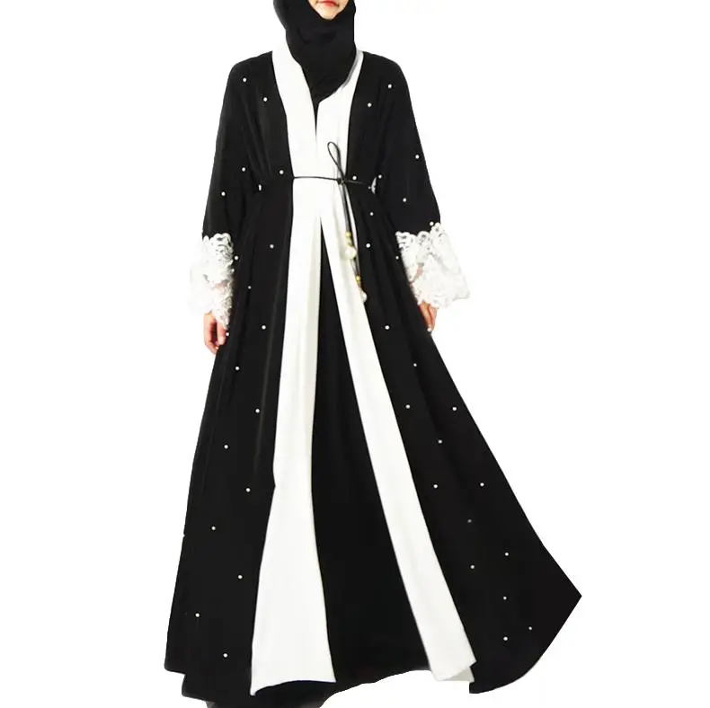 Women Abaya Open Cardigan Lace Cuff Hand Beading Long Dress Muslim Maxi Robe Elegant Party Islamic Clothing Kimono Turkey Tunic |