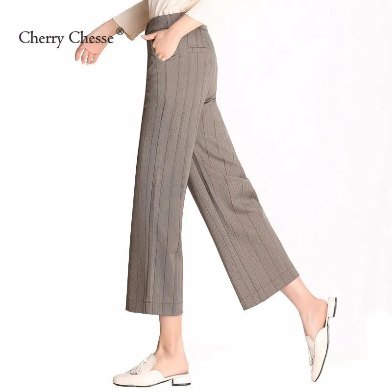 Cherry Chesse Офисные женские туфли полосатые брюки Высокая талия широкие штаны Для
