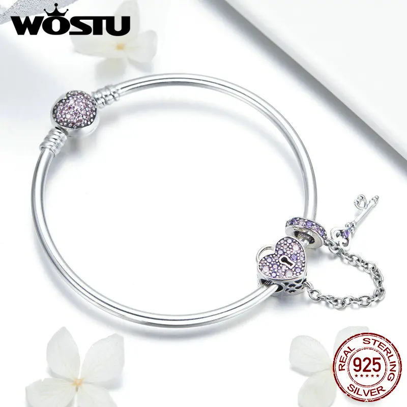 WOSTU Новое поступление 925 пробы серебро сердце замок бусы шарм браслеты для женщин