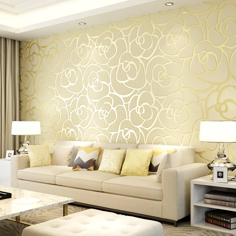 

Non-woven Rose 3d Deerskin Flocking European Wallpapers Roll For Living Room Sitting Room Tv Background Papel De Parede