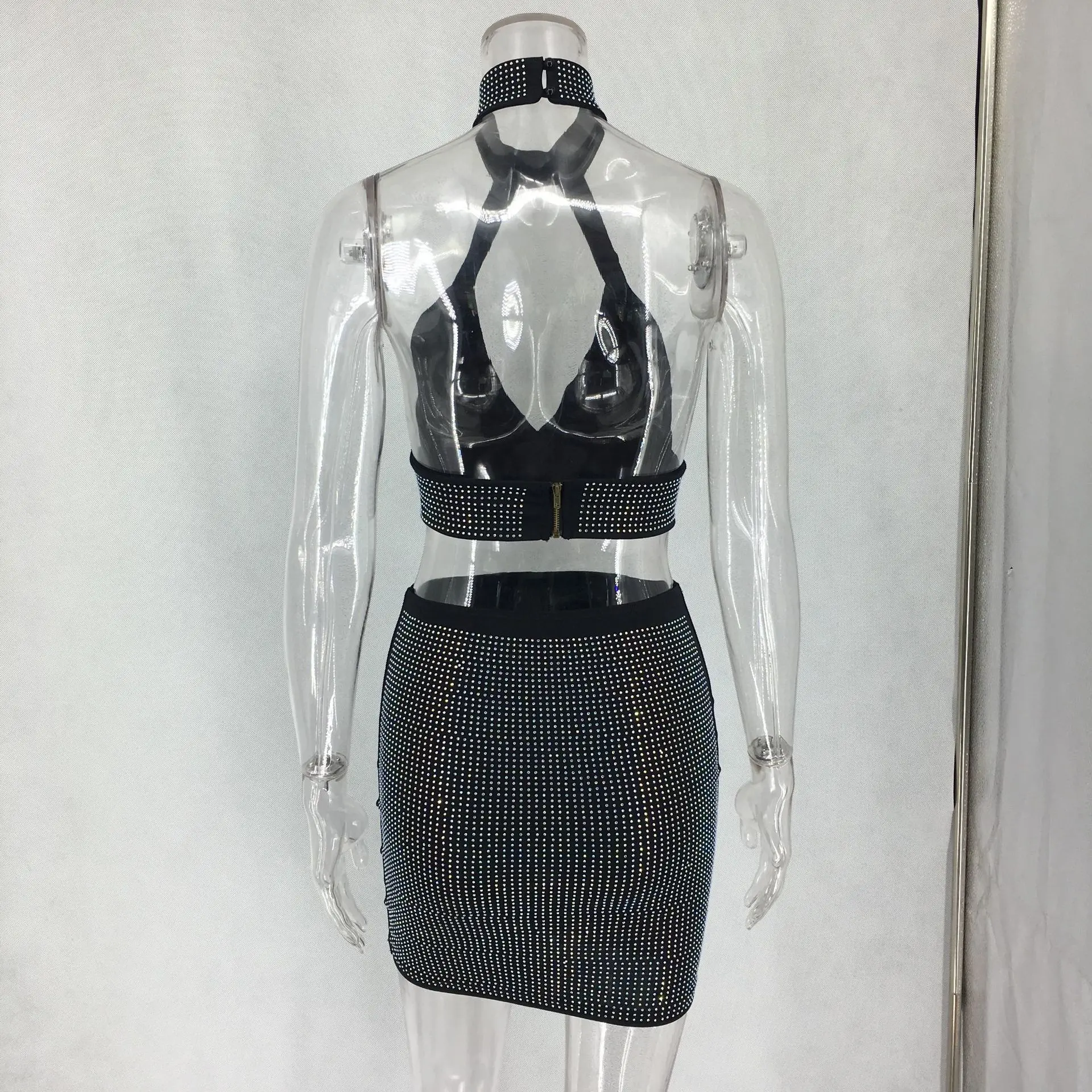 Hot Drilling Bling Women Sexy Dresses Halter Backless 2 Piece Summer V Neck Nightclub Dress Suits | Женская одежда
