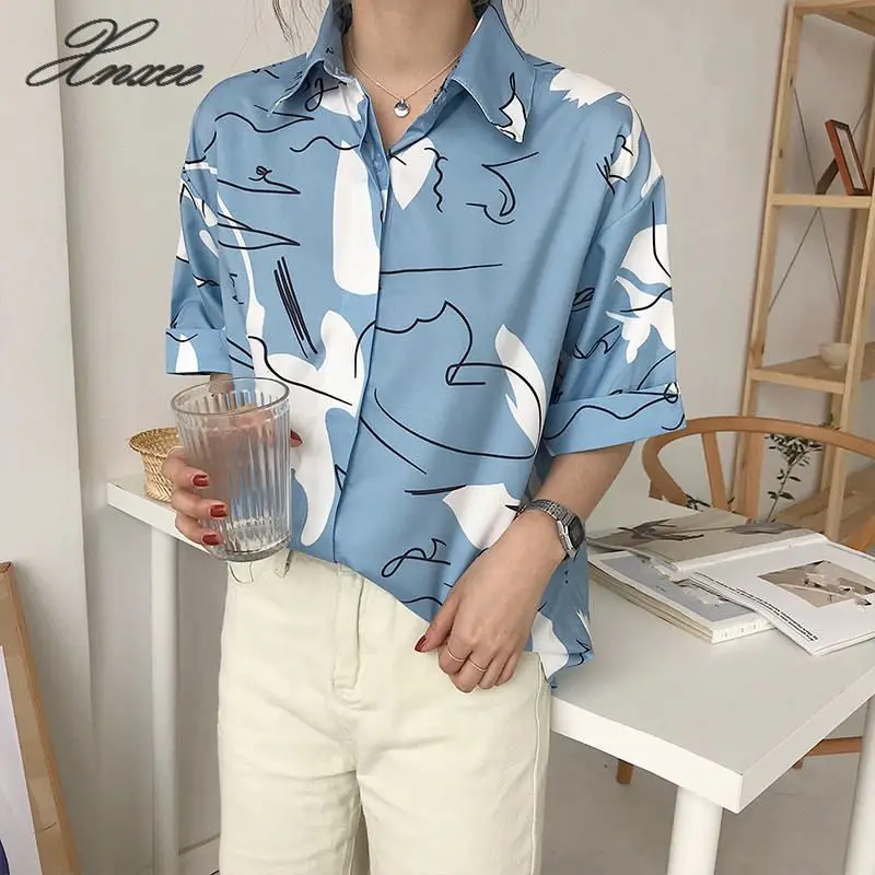 

Printing Causal Shirt 2020 Summer Short Sleeve Turn-down Collar Shirts Woman Tops