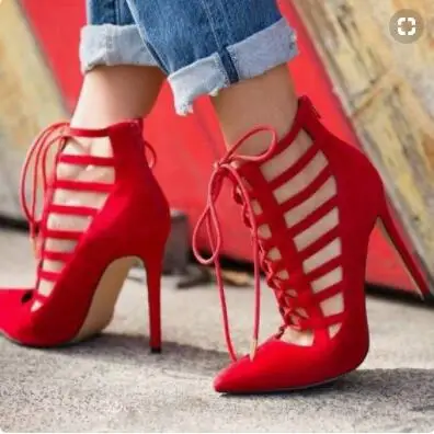 Beli Seksi Merah Suede Sepatu Pernikahan Pengantin Menunjuk Toe Renda-Up Cut-Out Strappy Sandal Hollow Sepatu Tinggi Sepatu Hak Disesuaikan Ukuran 10