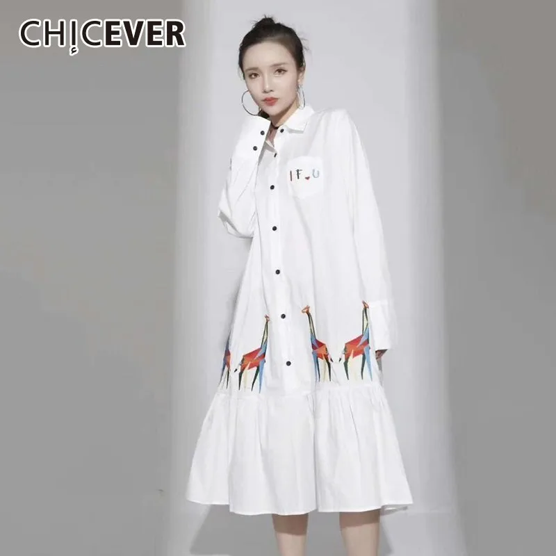 CHICEVER/осенние платья с принтом из мультфильмов для женщин отворотом длинными