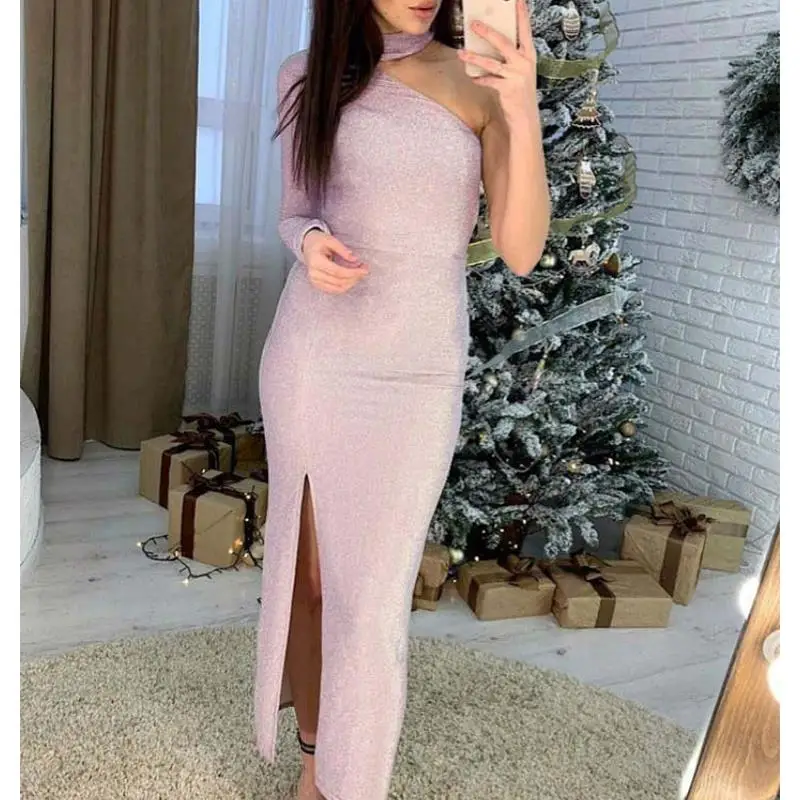 

Sexy Side Spilt Femme Vestidos One Shoulder Sequin Dresses Female Elegant Mid-Calf Party Bodycon Dress SJ1579C