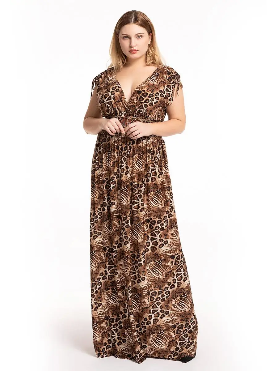 Plus Size Leopard Print Long Maxi Boho Dress Women Holiday Party Dresses Sleeveless Summer V-neck Floor-Length New XL-7XL | Женская