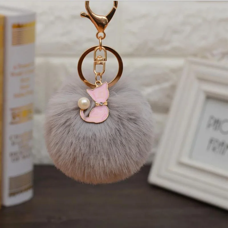 

Trinket Fluffy Artificial Fur Ball Key Chain Pompon Keychain Pompom with Cat Animal Keychains For Woman Car Bag Keyring EH307