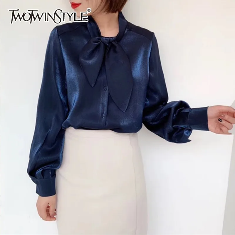 TWOTWINSTYLE Атласные Рубашки Блузки женские с завязкой в виде банта длинным рукавом