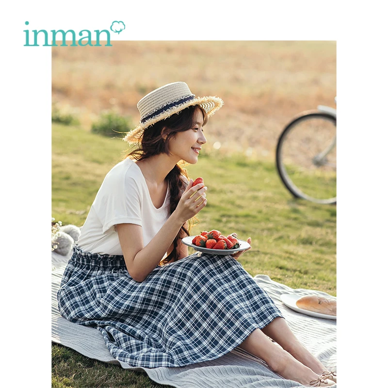 INMAN летнее женское длинное платье в клетку с v-образным вырезом и коротким рукавом