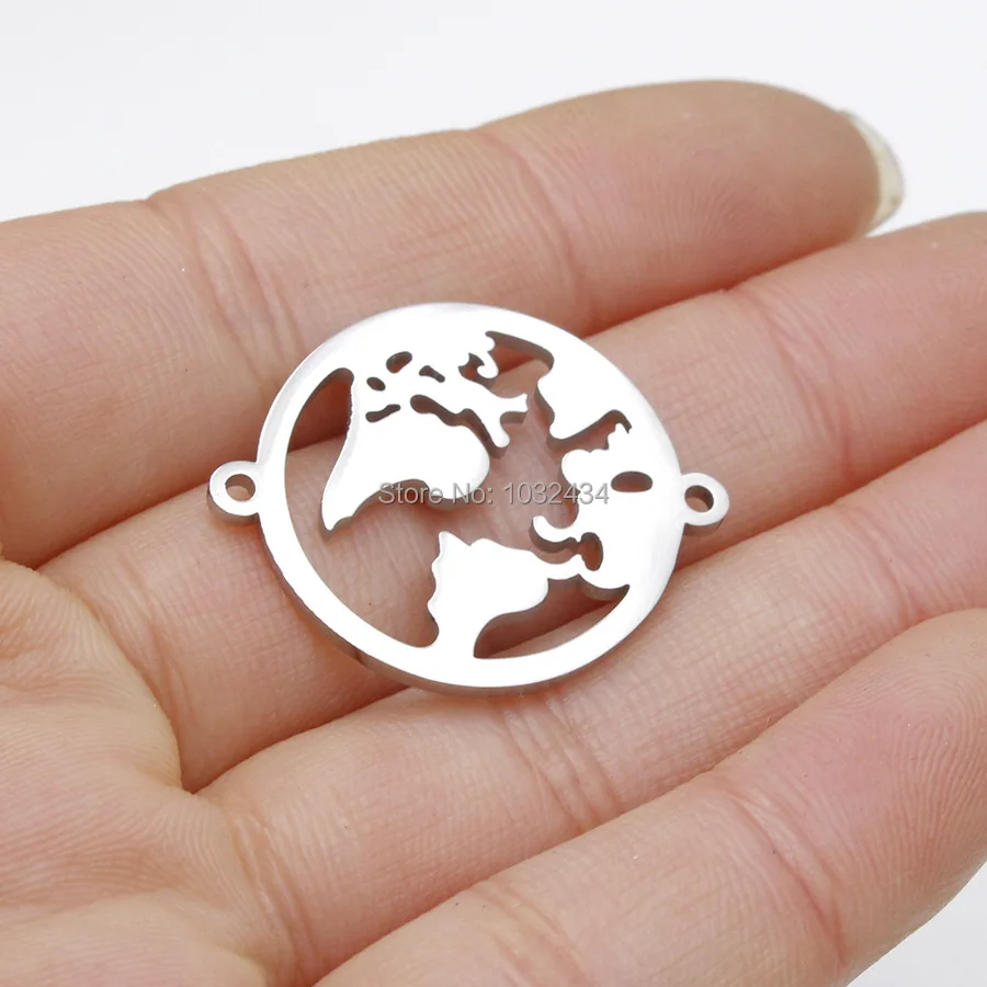 

100 Pcs/lot New Both Mirror Polished Stainless Steel World Map Charm DIY Charm Connector