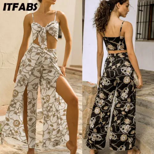 Летний женский комплект одежды с цветочным принтом Свободные повседневные брюки