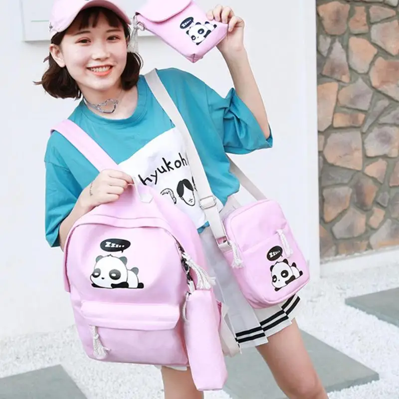 4 шт./компл. милый холщовый женский рюкзак с принтом панды для девочек школьный
