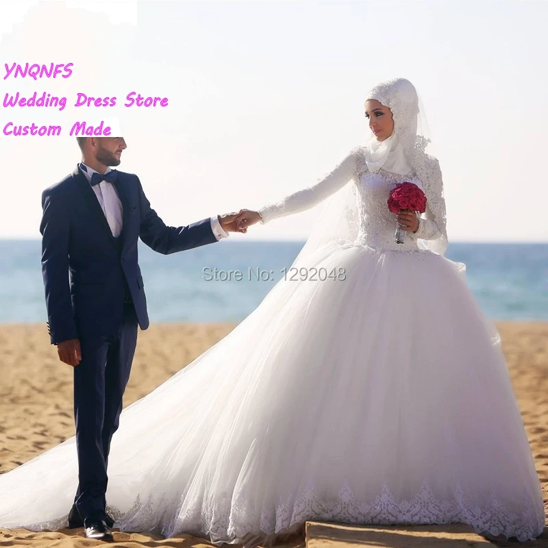 

YNQNFS MW3 Robe Soiree Dubai Abendkleider Dubai Long Sleeve Muslim Wedding Gown Ball Gown Bridesmaid Dresses Arabic Turkey 2019