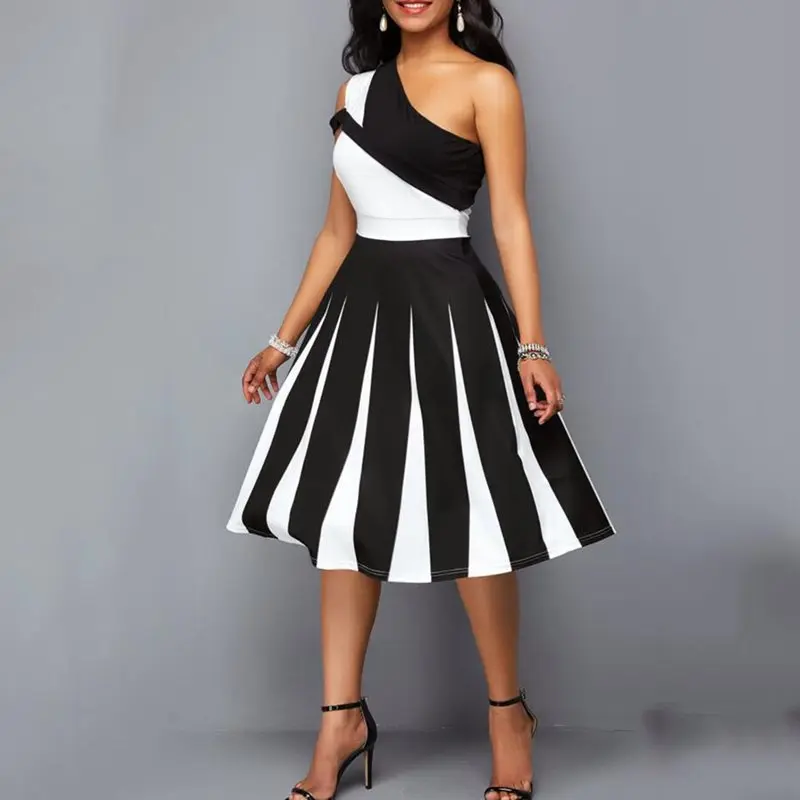 Летние сексуальные вечерние платья женские с одним плечом Цветные Блоки