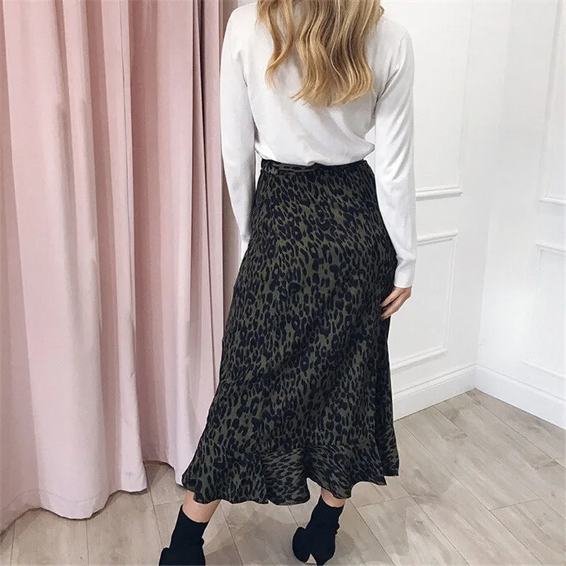 Женская длинная юбка с высокой талией макси в стиле бохо леопардовым принтом и