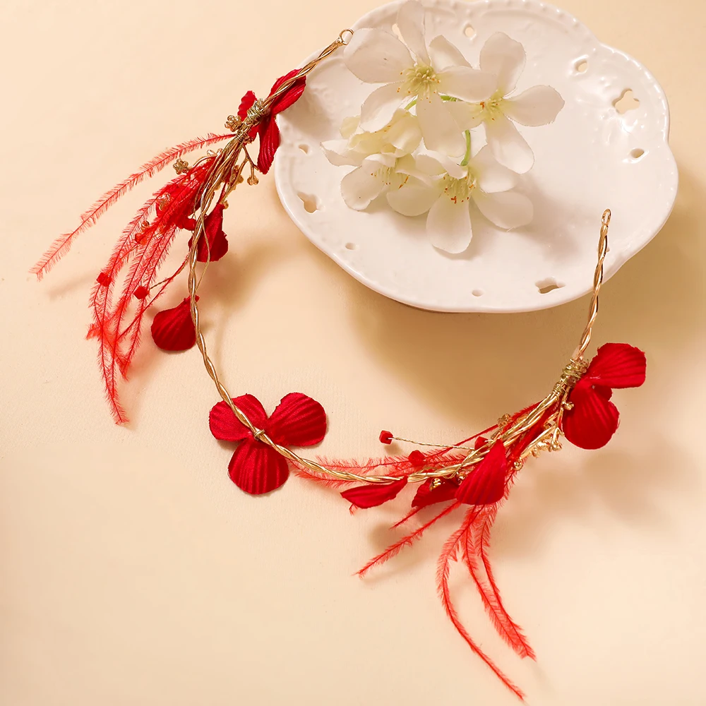Fashion Korean Headband Artificial Red Feather Headpiece Fabric Flower Headdress for Wedding Bridal Princess Headwear Ornaments | Украшения