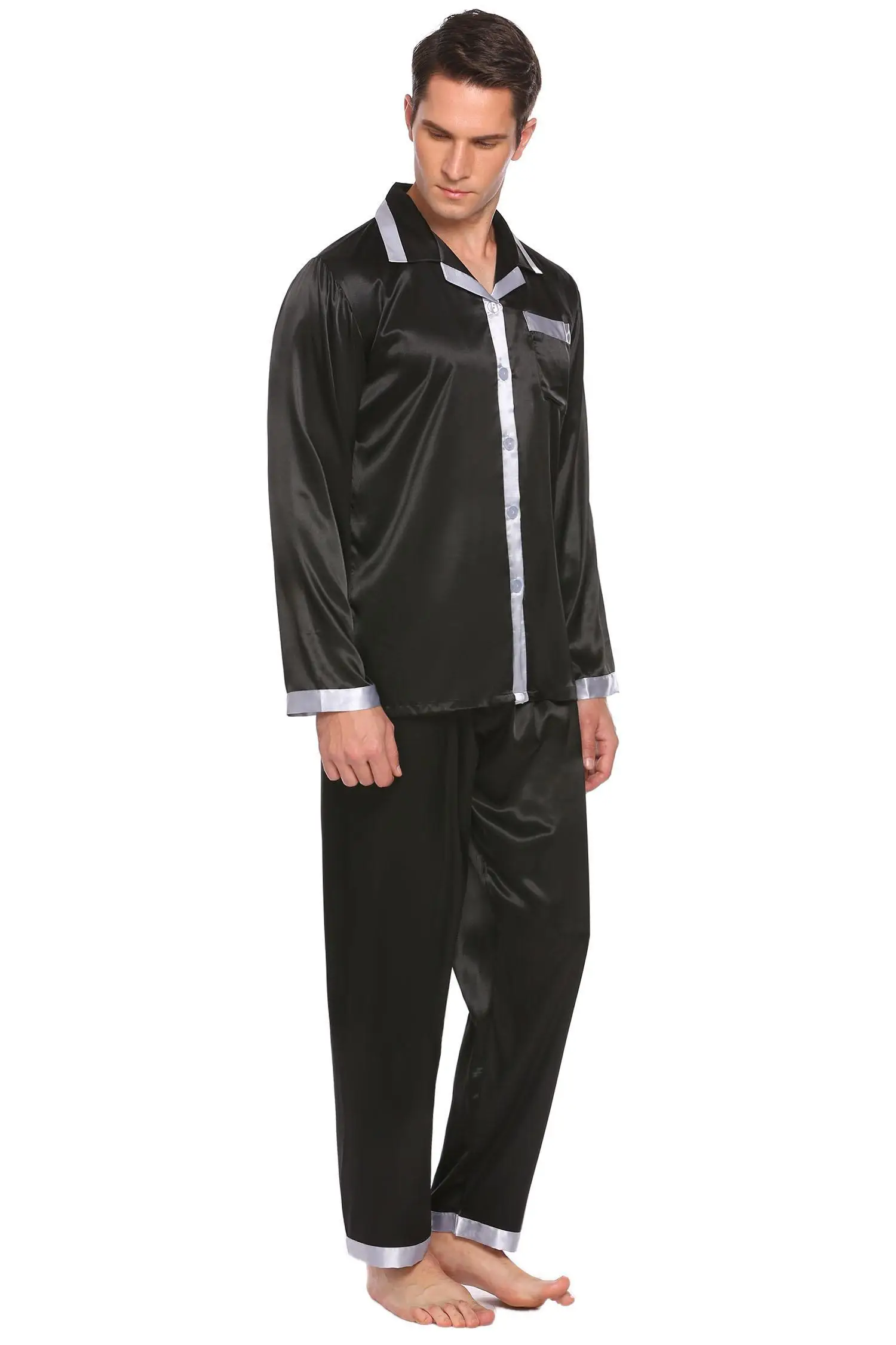 Men Sleeve Waist Turn Color 186cm 98cm 76cm Hip HOTOUCH Long Set Pajama 100cm Bust Contrast Height Satin Down Collar | Мужская одежда