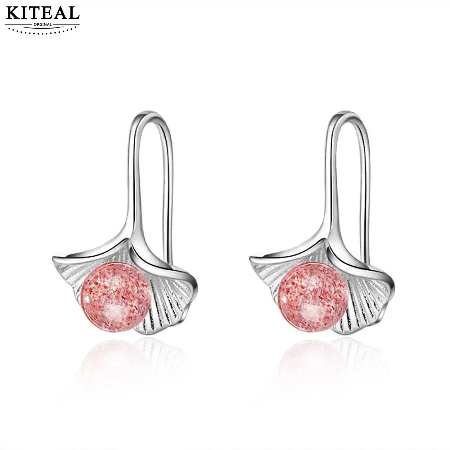 Женские серьги с серебряным покрытием в виде лотоса кристаллами клубники Ginkgo biloba